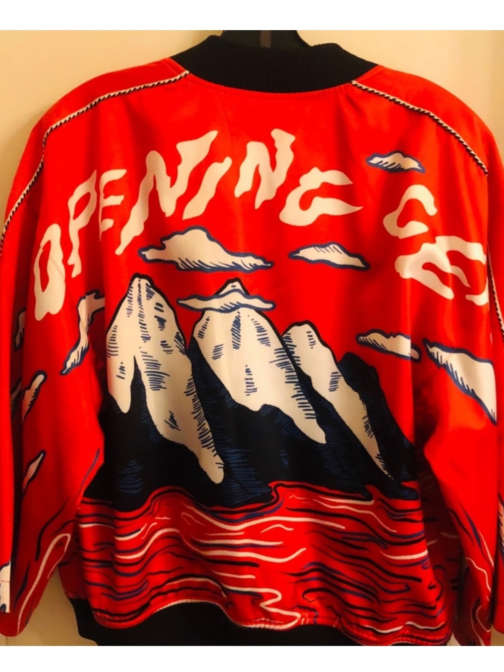 Opening Ceremony Red Graphic Zip-Up kimono bomber with Mountain Motif